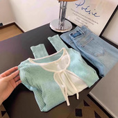 女装 小清新绿色开春穿搭上衣韩系设计感温柔系带假两件开衫 针织衫