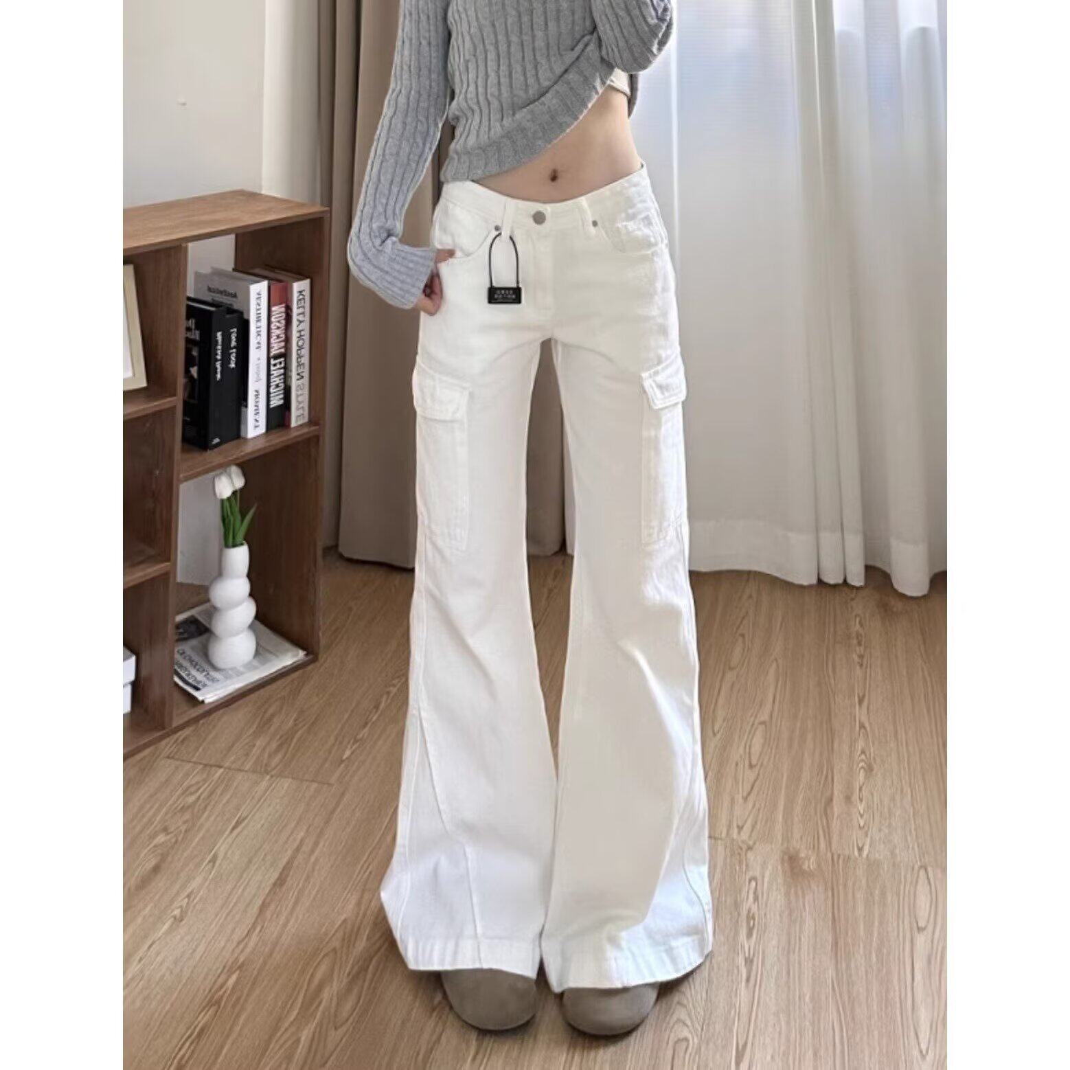 美式高街白色辣妹微喇工装牛仔裤女小众设计口袋阔腿裤拖地长裤