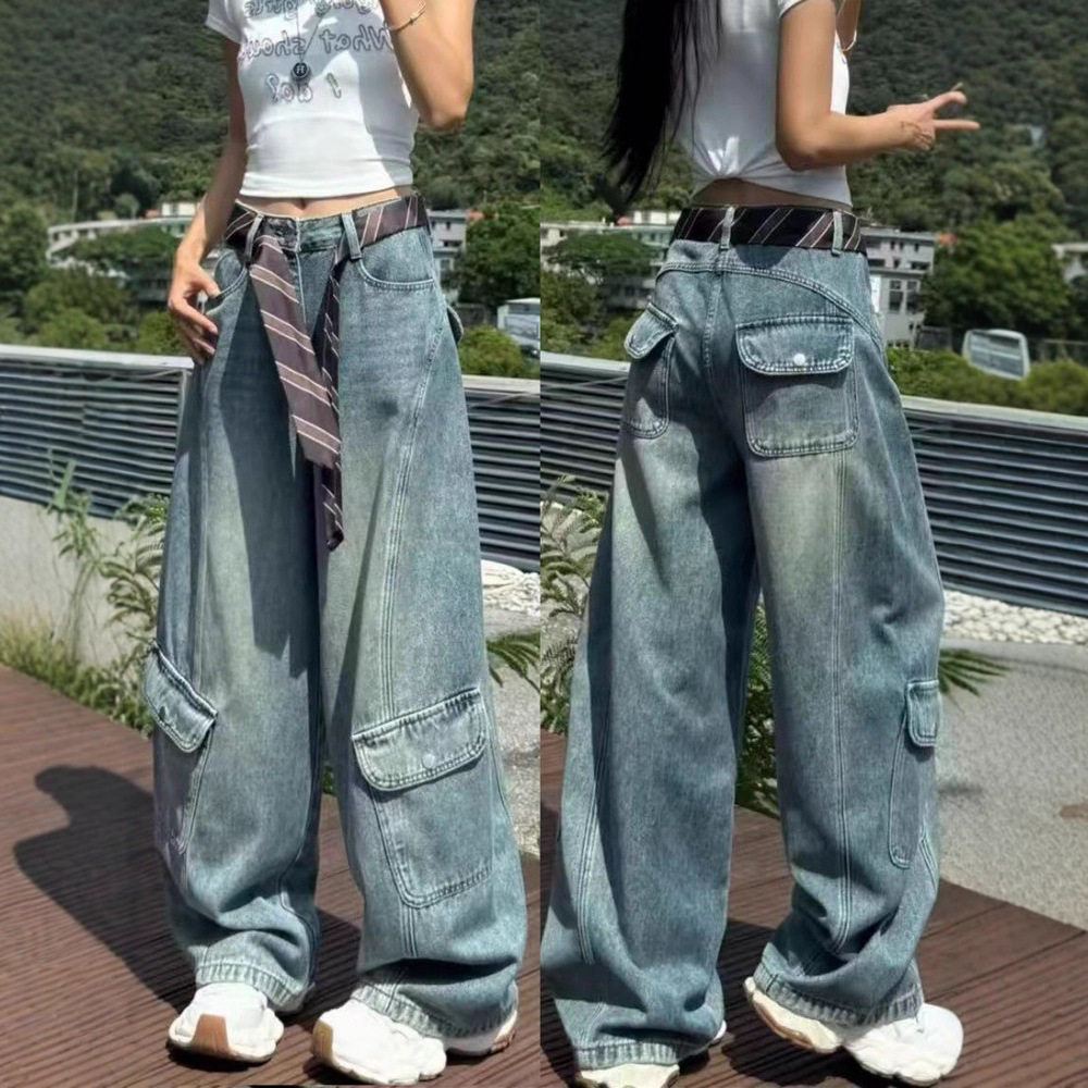 大码复古工装牛仔裤女春
