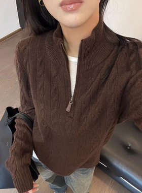 咖色半拉链立领毛衣女秋