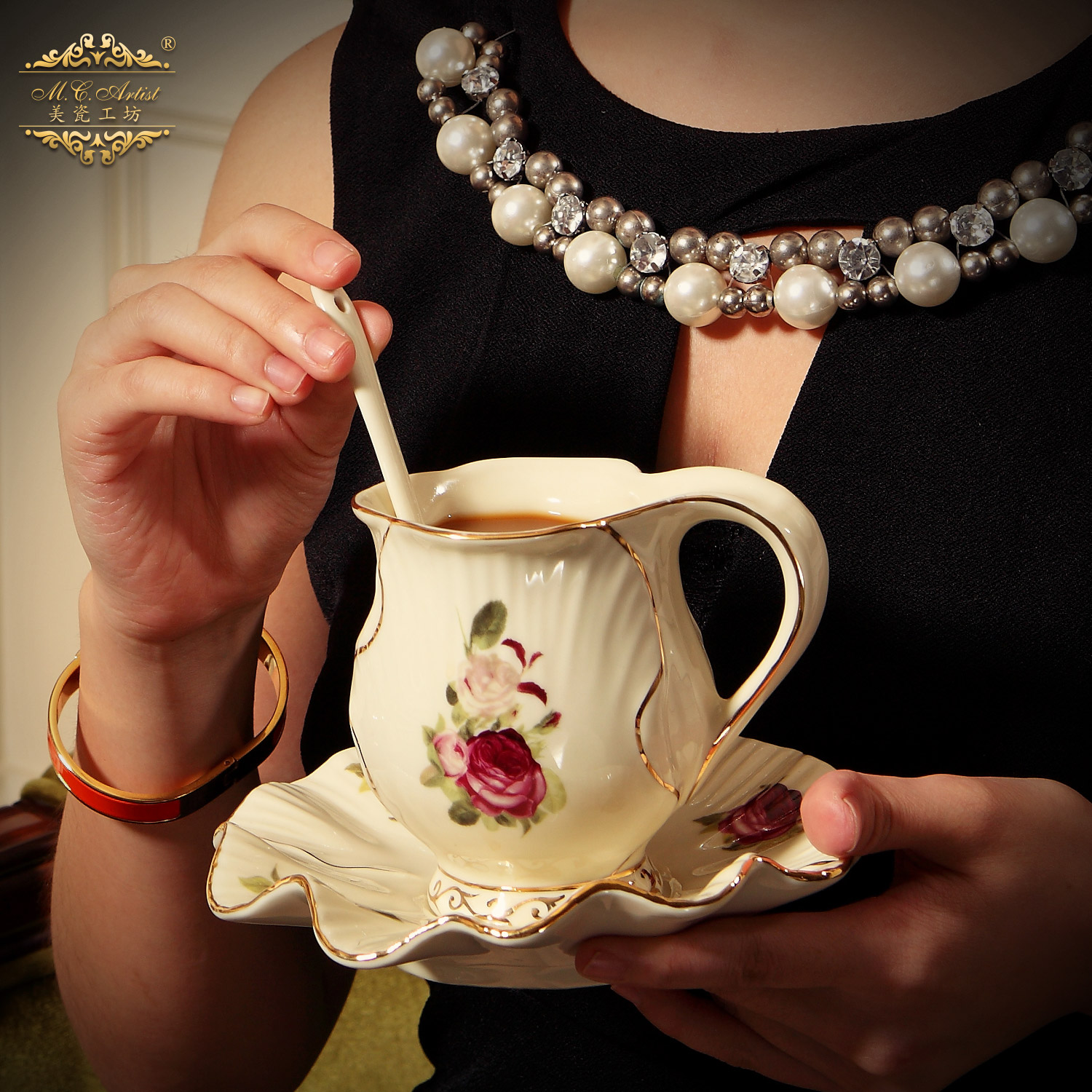 微瑕美瓷工坊欧式陶瓷咖啡杯碟套装英式下午茶具盖杯水杯配勺瓷器