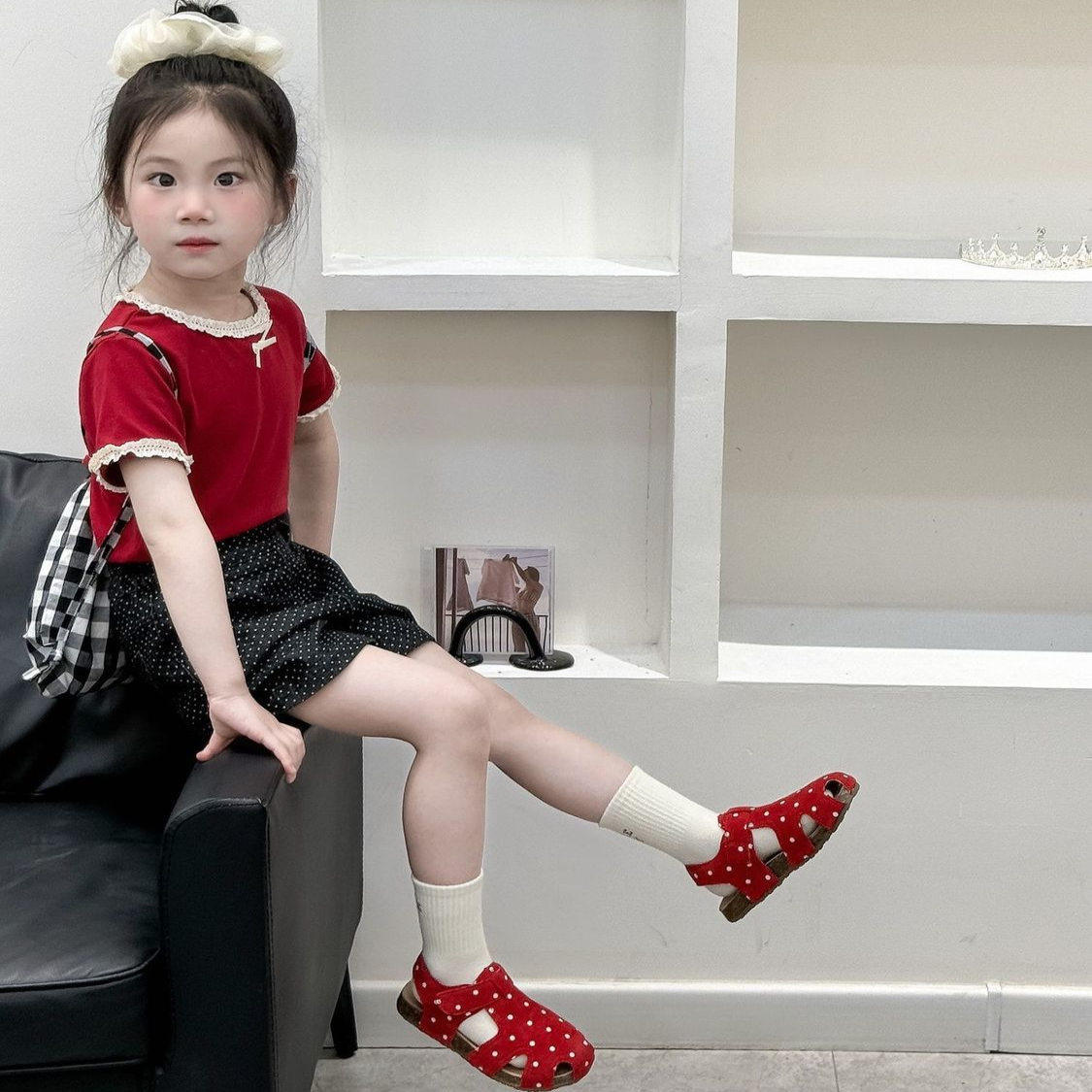 夏季新款红色波点休闲鞋包头凉鞋学步鞋软底宝宝鞋魔术贴时尚童鞋