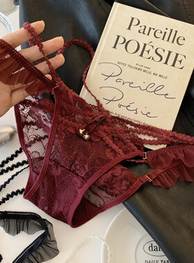 性感绑带蕾丝丁字裤女低腰无痕深红色内裤荷叶边细带透明情调内衣