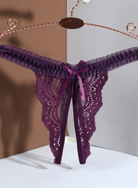 女性感蕾丝丁字裤低腰开裆无痕镂空蝴蝶结紫色内裤女士情调内衣