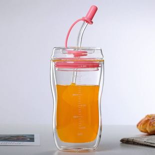 双层玻璃杯吸管杯女月子产妇牛奶耐热带刻度保温儿童孕妇网红水杯