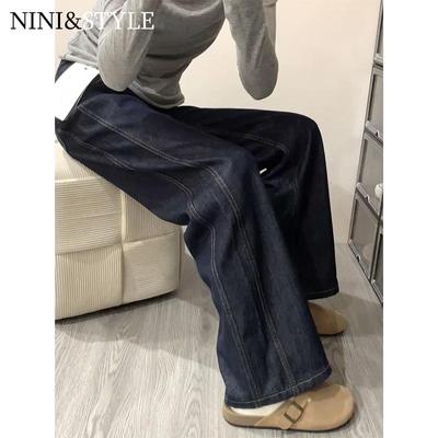 深蓝色丹宁加绒阔腿牛仔裤女秋季2025新款宽松高腰小个子直筒裤子