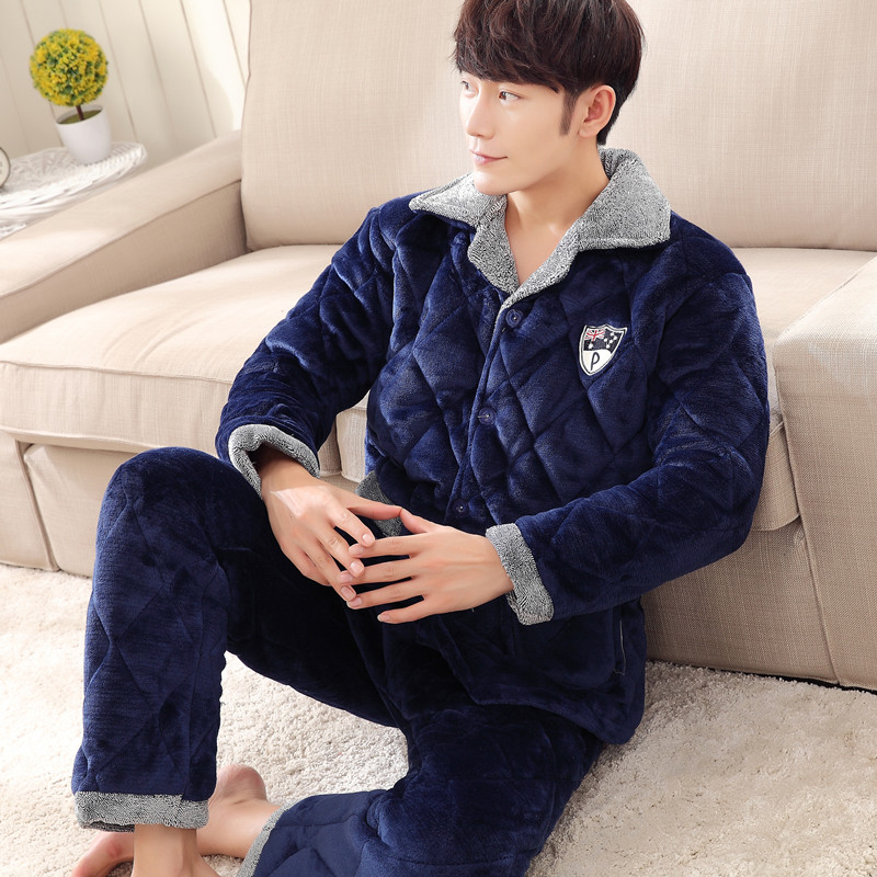 男装新款冬季三层加厚珊瑚绒夹棉睡衣法兰绒男保暖棉袄家居服套装在类目 男装, 棉衣中 - 来自Buy2taobao.com提供专业的淘宝代购服务