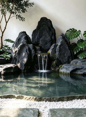 黑山石天然原石庭院假山流水鱼池造景 新中式枯山水景观石定制