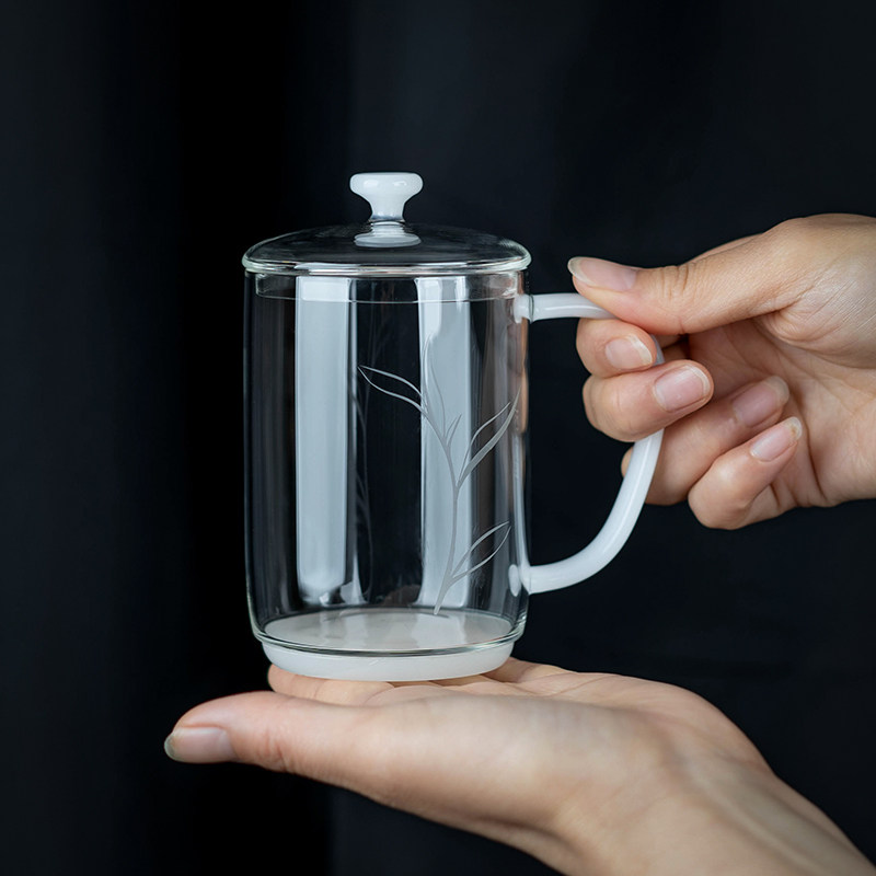 绿茶杯杯带盖带把水杯简约办公室家用透明高温耐热玻璃花茶泡茶杯