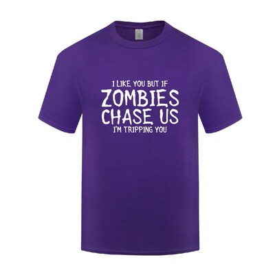 新奇讽刺搞笑棉T恤男宽松 If Zombies Chase Us I'm Tripping You