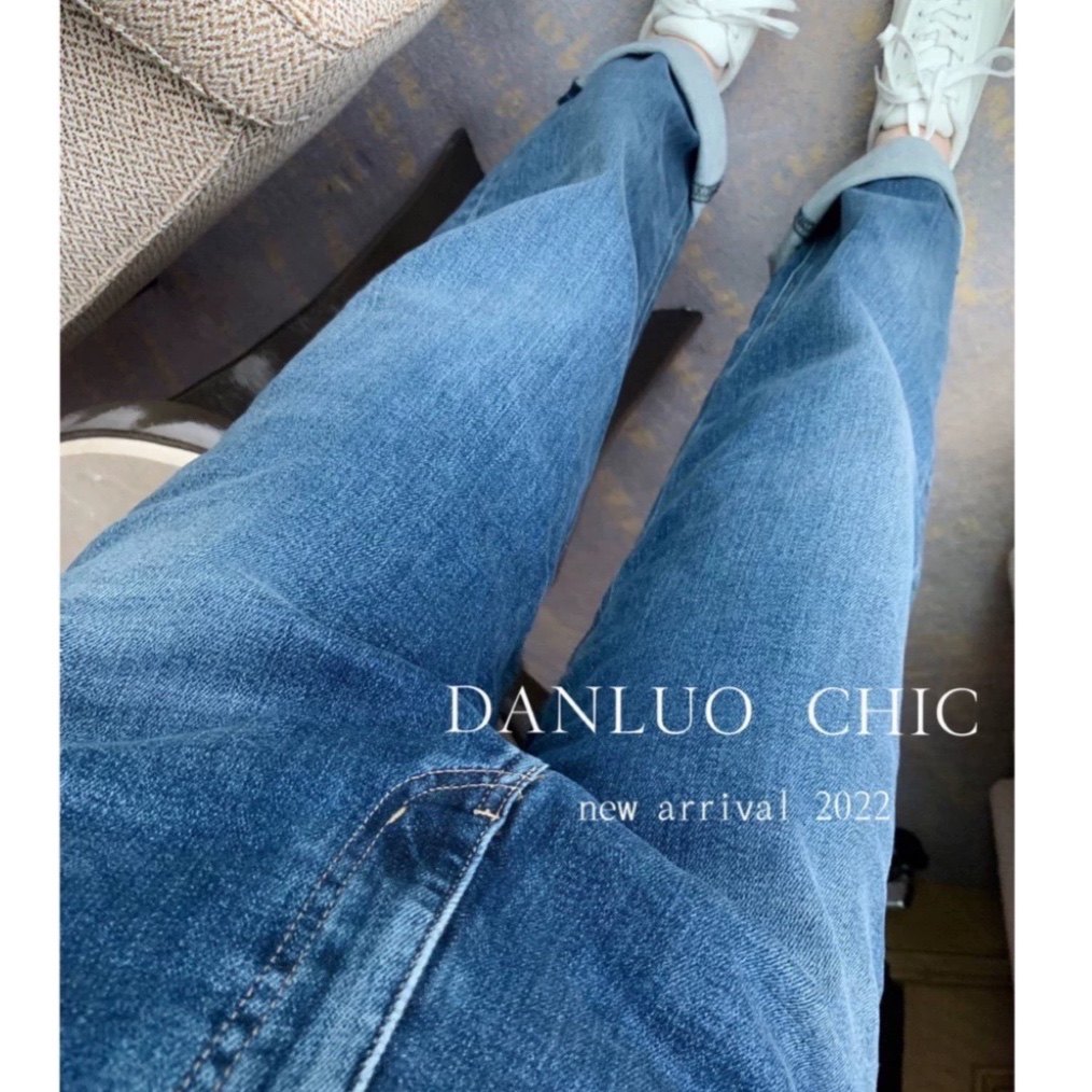 丹珞 CHIC高腰藏肉男友裤 宽松百搭蓝色显瘦直筒牛仔裤女