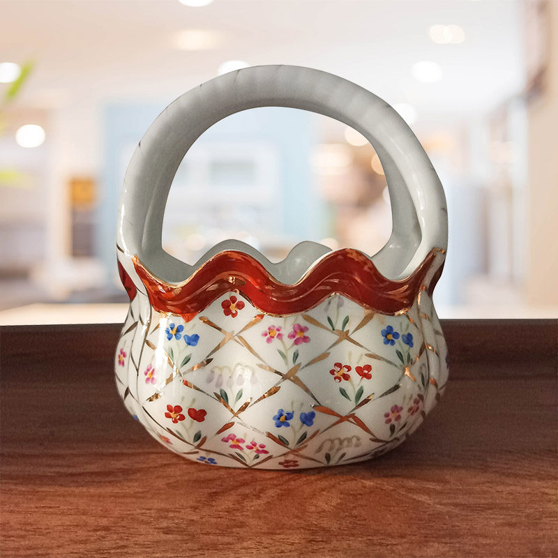 创意花瓶摆件网红手提篮复古贴花镂空提袋客厅餐桌插花瓶轻奢出口