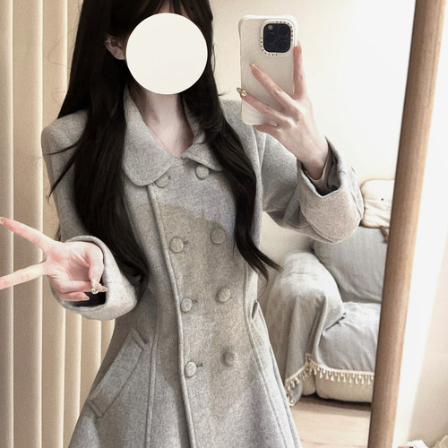 千金少女感小个子收腰羊毛长款显瘦修身大衣学院风娃娃领双排扣jk