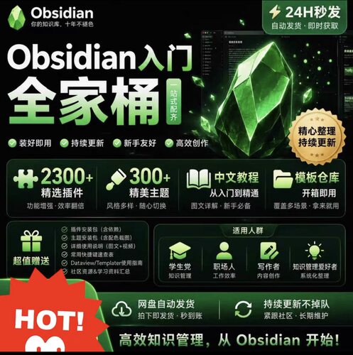 Obsidian入门全家桶2300插件300主题中文教程+模板仓库小白到精通