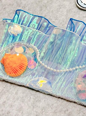 幼儿园蓝色系花边鱼尾纱环创材料美工区手工贝壳diy主题墙海洋风