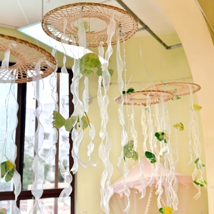 幼儿园森系鱼尾纱吊饰环创材料图书角竹编斗笠挂饰区域隔断装饰