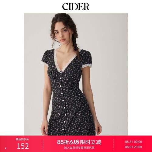 CIDER2026春季新品碎花V领蕾丝边高腰A字迷你连衣裙115285474