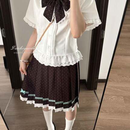 稻荷高等学院日系波点半身裙女蝴蝶结花边中裙套装甜美软妹少女感