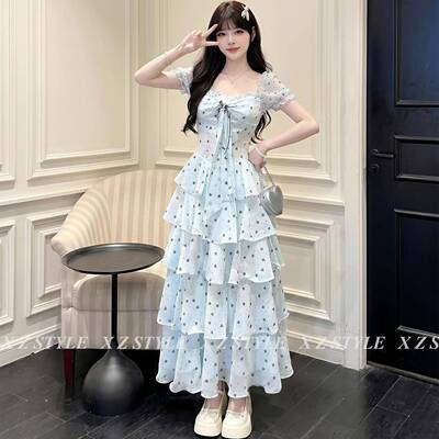 桔梗house 甜美波点洋装女夏季2026新款千金风气质收腰蛋糕长裙