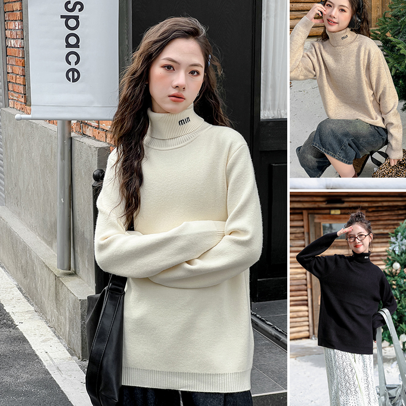 青少年加绒毛衣2024冬季新款女大童时尚保暖一体绒高领毛衣8557