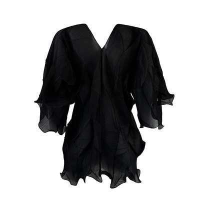 三宅艺创2026女装新款设计感V领短袖上衣褶皱女装不规则减龄T恤女