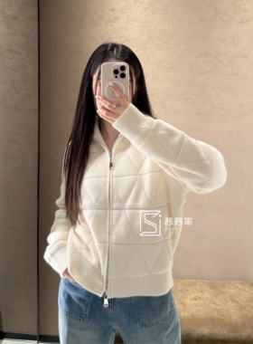意大利代FARI全羊绒针织开衫女立领拉链毛衣外套上衣秋冬新菱格纹