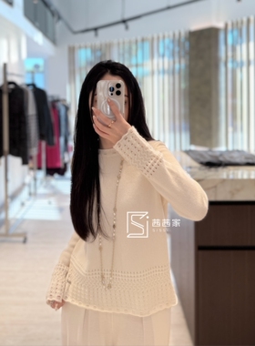 意大利代FARI羊绒针织衫女圆领镂空毛衣宽松显瘦打底衫上衣