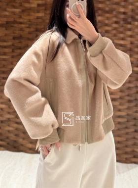 意大利代FARI羊羔毛皮毛一体短款奶茶色外套女翻领拉链秋冬厚大衣