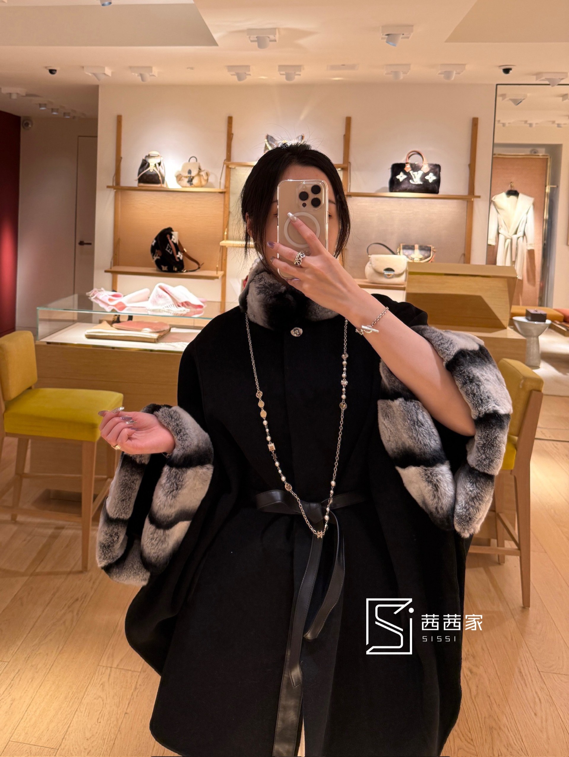 意大利代FARI皮草拼接羊毛羊毛呢外套