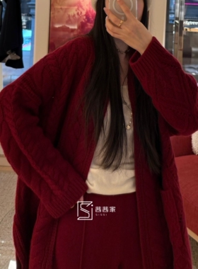 意大利代Fari红色全羊绒V领绞花针织开衫女宽松显瘦毛衣外套上衣