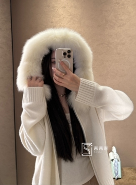 意大利代FARI羊绒狐狸毛领连帽拉链毛衣外套慵懒风高级感针织开衫