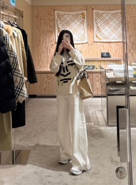 意大利代FARI奶白色卫裤高腰松紧腰大码微胖直筒休闲裤阔腿长裤女