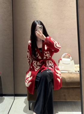 意大利代FARI羊绒针织开衫中长款女系带毛衣外套上衣秋冬新款厚