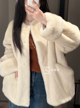 意大利代Fari水貂皮草圆领白色廓形口袋皮毛一体大衣女中长款外套