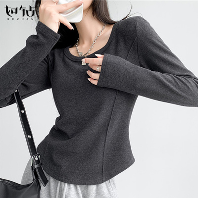 U领打底衫女2025新款秋冬内搭德绒加绒修身显瘦鱼骨长袖上衣t恤