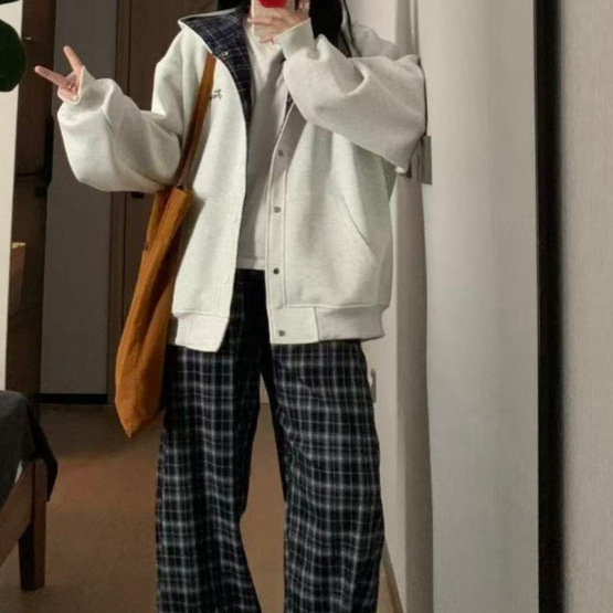 复古格子连帽开衫卫衣女2