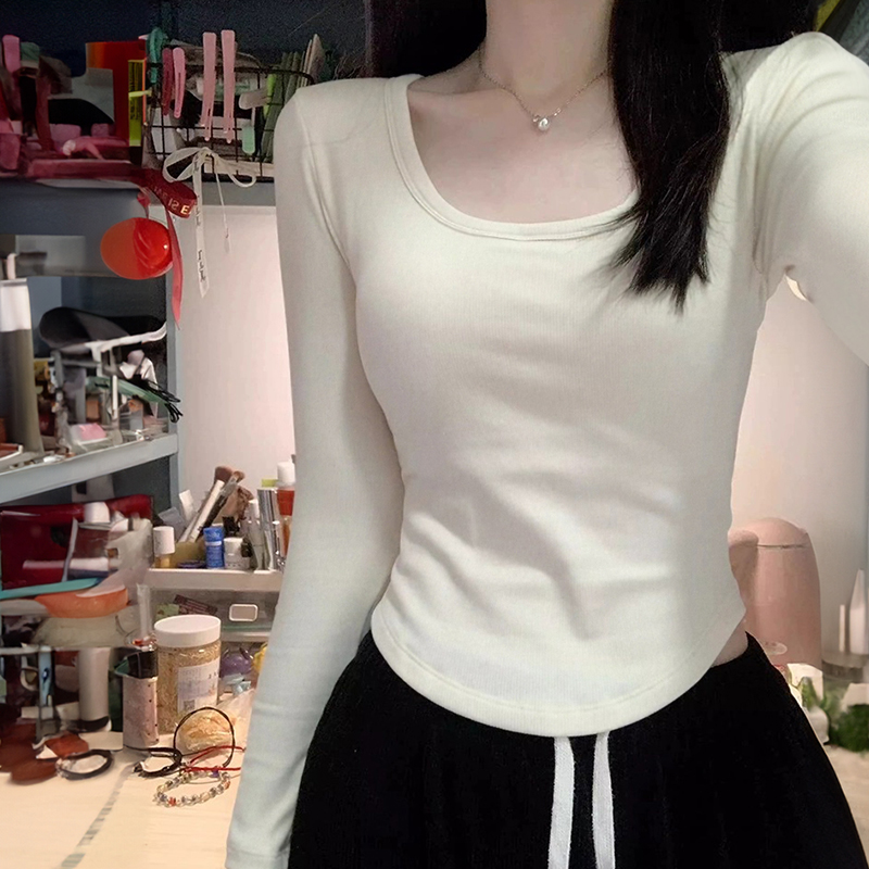 白色长袖t恤女2025新款春秋冬季u领方领内搭可外穿修身打底衫上衣