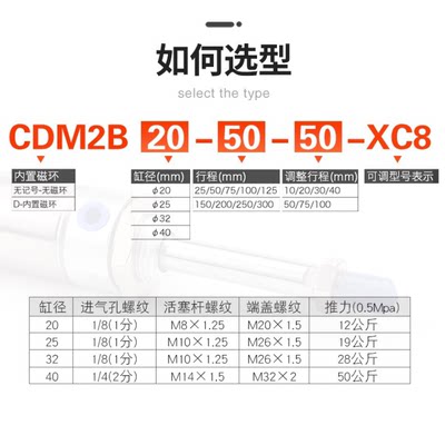 SMC可调行程CM2B32气缸CDM2B20-25-40-50-75-100A-125CA-150E-XC8