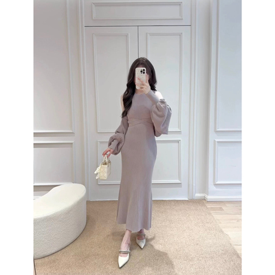 DomyLilz 栗子 |  气质纯欲樱花妹修身罗纹4way针织连衣裙两件套