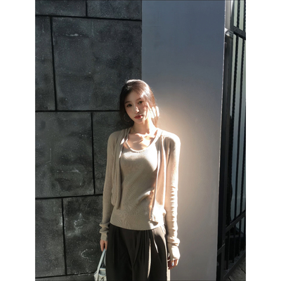 已到货AWMUMU开衫外套女秋季层次感慵懒风亚麻背心上衣女开衫针织