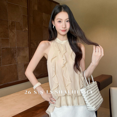 LS-夏上新云絮叠荷温柔垂感荷叶边飘带设计立领挂脖无袖小衫23556