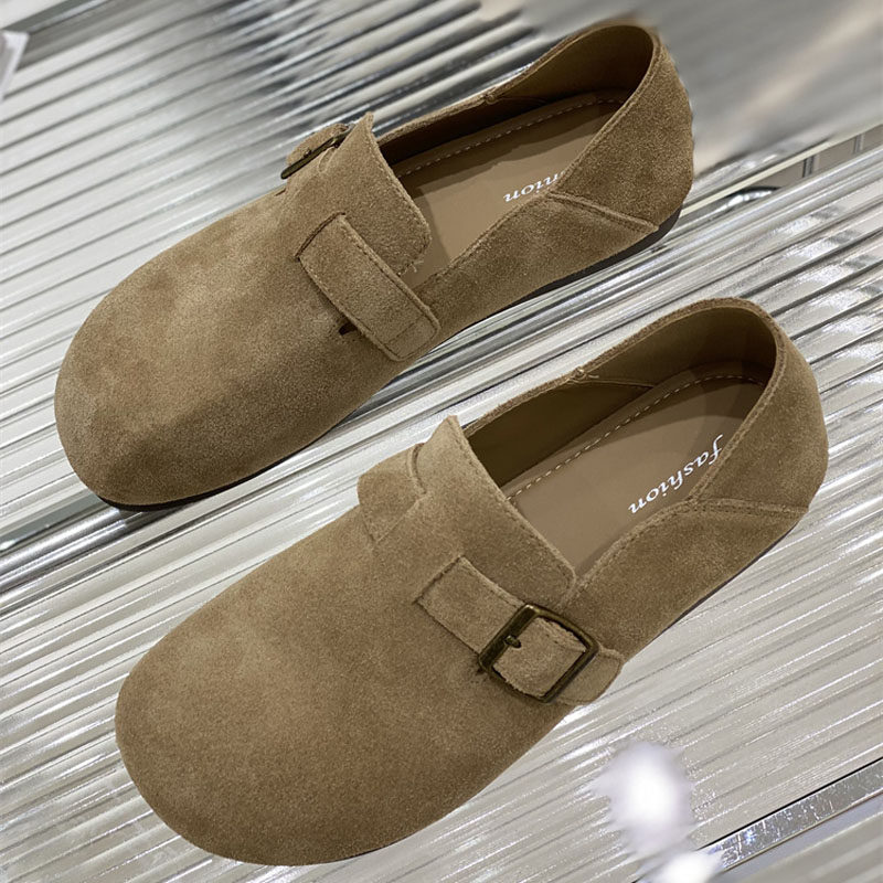 2024新款潮春秋软平底磨砂真皮大头全包型勃肯鞋女一脚蹬豆豆单鞋,女鞋,浅口单鞋,淘宝优惠券,粉丝福利购,淘宝优惠卷