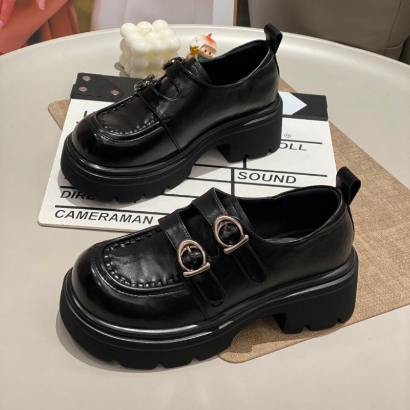 英伦风厚底乐福鞋女2026圆头黑色双扣带魔术贴复古小皮鞋厚底女鞋,女鞋,时尚休闲鞋,淘宝优惠券,粉丝福利购,淘宝优惠卷