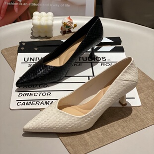 细跟通勤百搭气质不累脚休闲单鞋 女鞋 尖头浅口编织高跟鞋 2025新款