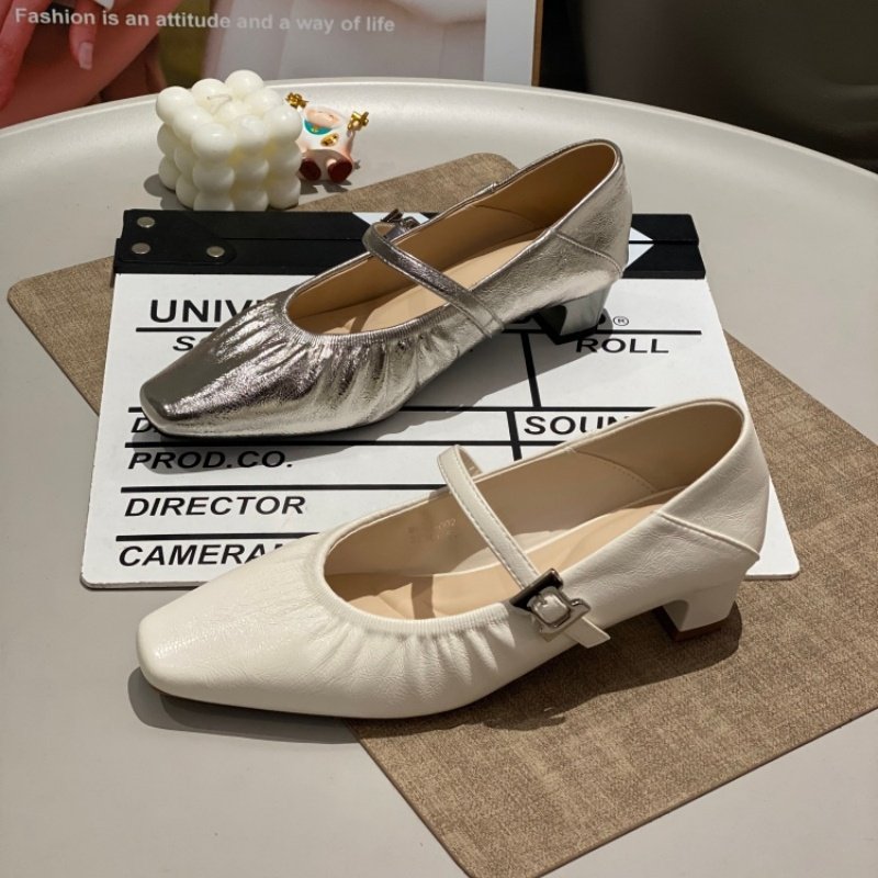 韩版方头一字带玛丽珍鞋2026中跟褶皱法式粗跟仙女时尚款单鞋洋气,女鞋,时尚休闲鞋,淘宝优惠券,粉丝福利购,淘宝优惠卷
