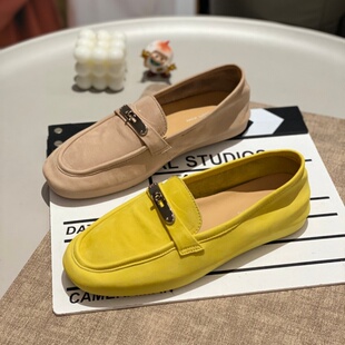 英伦风磨砂皮乐福鞋女2026春季新款金属扣一脚蹬平底百搭休闲单鞋