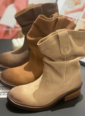 复古西部牛仔女中筒粗跟磨砂靴