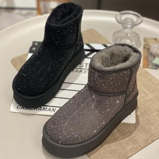 真皮加绒舒适厚底增高雪地靴2025秋冬新款小众设计感防滑满钻棉鞋