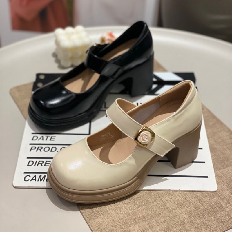 法式厚底玛丽珍粗跟低帮女单鞋