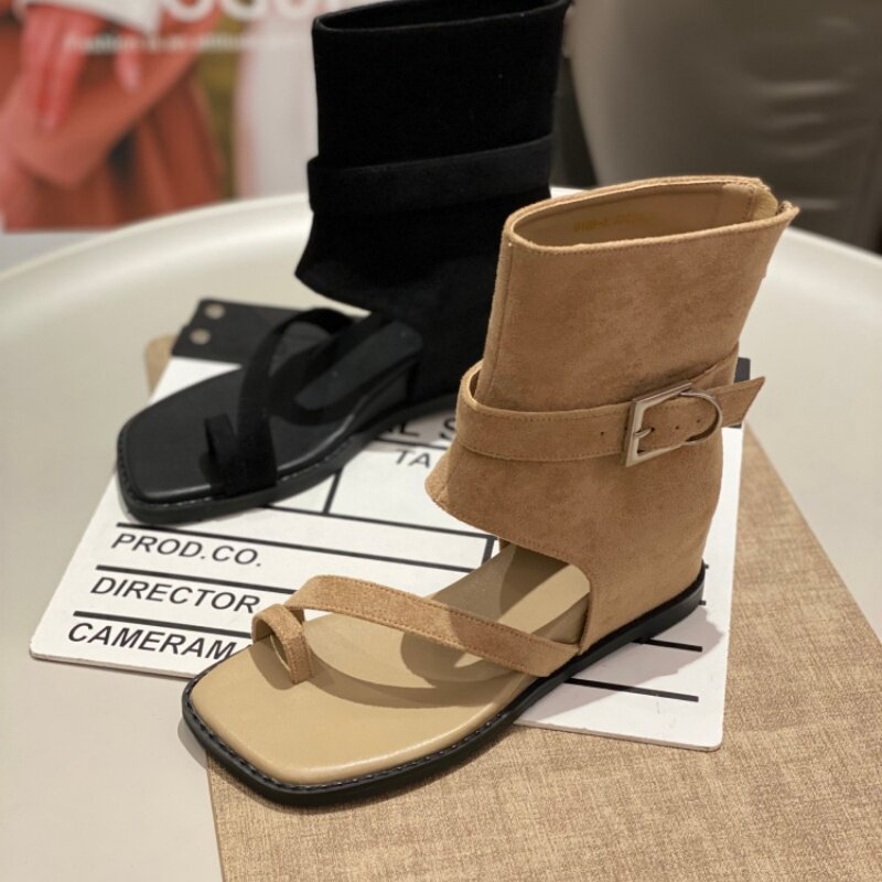 西部风套趾罗马凉靴女2026夏季平底女凉鞋时尚绑带内增高舒适凉鞋
